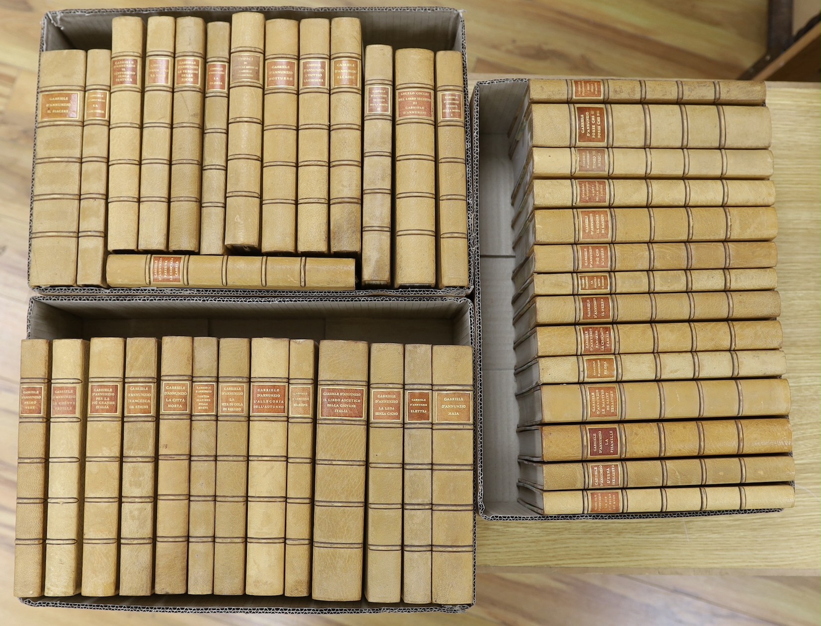 D'Annunzio, Gabriele - (Collected Writings, Instituto Nazionale Edition). 40 vols. photo plates and facsimiles; publisher's tan half morocco and marbled boards, panelled spines with red labels, gilt tops, partly unopened